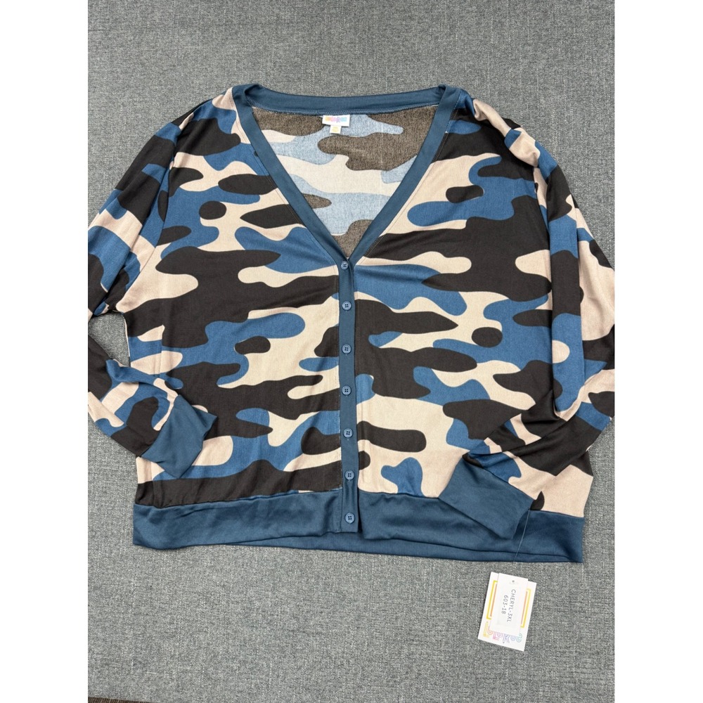 LuLaRoe Cheryl Cardigan 3XL Blue Camo Button Front V-Neck Knit Top New NWT